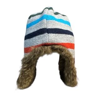 Baby Gap Striped Knit Winter Trapper Hat Gray S/M Faux Fur Ear Flaps Winter Cozy